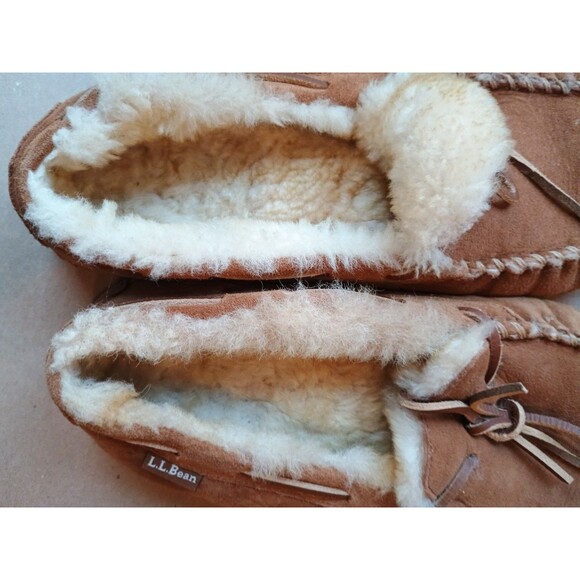 LL Bean WICKED GOOD Mens 12 Wide Brown Shearling Moccasins Laces Slippers main image 8